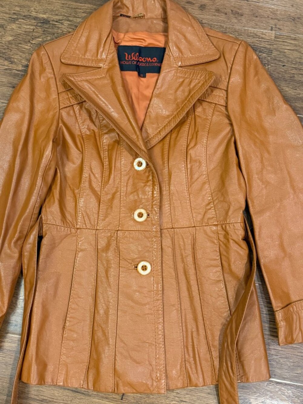 Vtg Wilsons Leather Belted Jacket Camel Brown Sz 8 - Picture 4 of 12